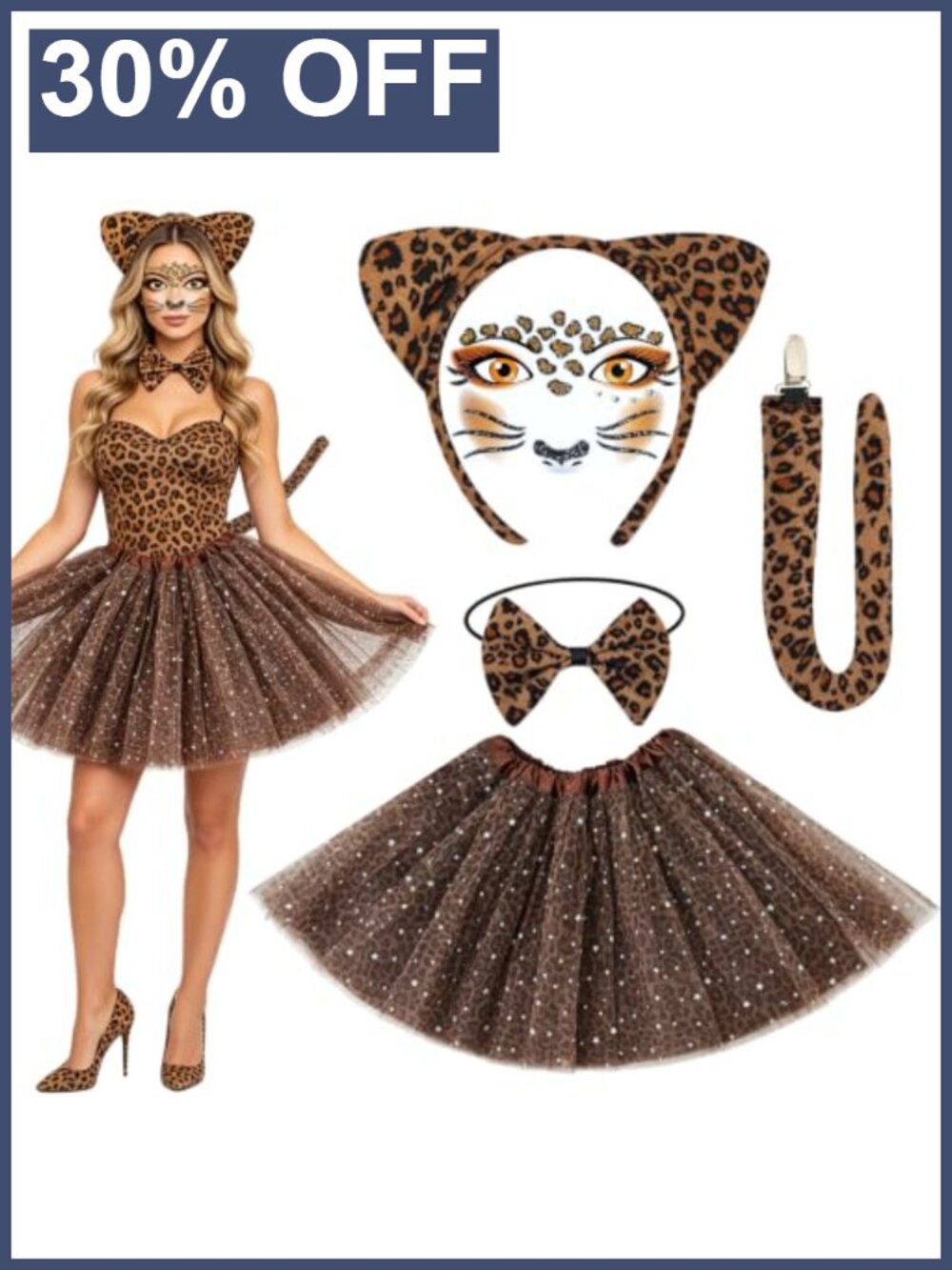 Cheetah Costume Set Women Leopard Ears Headband Bow Tie Tails Face Stickers